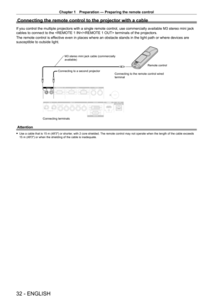 Page 32Chapter 1 Preparation — Preparing the remote control
32 - ENGLISH
Connecting the remote control to the projector with a cable
If you control the multiple projectors with a single remote control, use commercially available M3 stereo mini jack 
cables to connect to the / terminals of the projectors.
The remote control is effective even in places where an obstacle stands in the light path or whe\
re devices are 
susceptible to outside light.
Connecting terminalsConnecting to a second projector
M3 stereo...