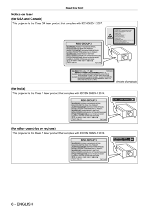 Page 66 - ENGLISH
Read this first!
Notice on laser
(for USA and Canada)
This projector is the Class 3R laser product that complies with IEC 60825-1:2007.
529
529For North America 
“Complies with 21 CFR Parts 1040.10 and 140.11
except for deviations pursuant to Laser Notice
No.50 dated june 24.2007”
IEC 60825-1:2007
LASER RADIATION
AVOID DIRECT EYE EXPOSURE
CLASS 3R LASER PRODUCT
WAVE LENGTH:448-462nm
MAXIMUM OUTPUT:333mW
IEC 60825-1:2007
RAYONNEMENT LASER
EXPOSITION DIRECTE DANGEREUSE POUR LES YEUX...