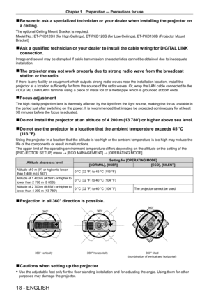 Page 18Chapter 1 Preparation — Precautions for use
18 - ENGLISH
 rBe sure to ask a specialized technician or your dealer when installing t\
he projector on 
a ceiling.
The optional Ceiling Mount Bracket is required.
Model No.: ET
-

PKD120H (for High Ceilings), ET
-
 PKD120S (for Low Ceilings), ET
-
 PKD130B (Projector Mount 
Bracket)
 r Ask a qualified technician or your dealer to install the cable wiring for DIGIT AL  LINK 
connection.
Image and sound may be disrupted if cable transmission characteristics...
