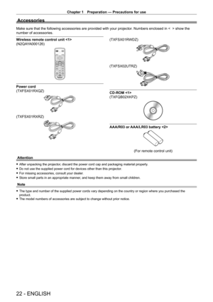 Page 22Chapter 1 Preparation — Precautions for use
22 - ENGLISH
Accessories
Make sure that the following accessories are provided with your projector. Numbers enclosed in <    > show the 
number of accessories.
Wireless remote control unit 
(N2QAYA000126)
Power cord 
(TXFSX01RXQZ)
(TXFSX01RXRZ)
(TXFSX01RWDZ)
(TXFSX02UTRZ)
CD-ROM 
(TXFQB02XKPZ)
AAA/R03 or AAA/LR03 battery 
(For remote control unit)
Attention
 f After unpacking the projector , discard the power cord cap and packaging material properly.
 fDo not...