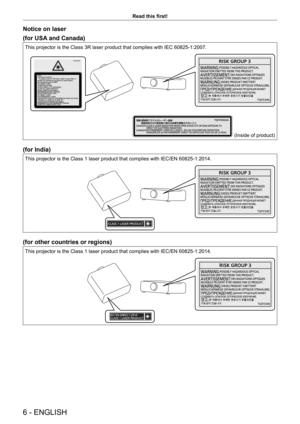 Page 66 - ENGLISH
Read this first!
Notice on laser
(for USA and Canada)
This projector is the Class 3R laser product that complies with IEC 60825-1:2007.
529
529
 (Inside of product)
(for India)
This projector is the Class 1 laser product that complies with IEC/EN 60825-1:2014.
529
(for other countries or regions)
This projector is the Class 1 laser product that complies with IEC/EN 60825-1:2014.
529  