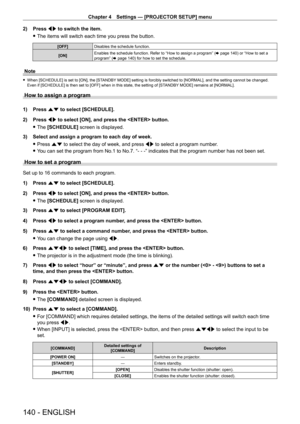 Page 140Chapter 4 Settings — [PROJECTOR SETUP] menu
140 - ENGLISH
2) Press qw to switch the item.
 fThe items will switch each time you press the button.
[OFF] Disables the schedule function.
[ON] Enables the schedule function. Refer to “How to assign a program” (
x
  page   140) or “How to set a 
program” (x
  page   140) for how to set the schedule.
Note
 fWhen [SCHEDULE] is set to [ON], the [ST ANDBY MODE] setting is forcibly switched to [NORMAL], and the setting cannot be changed. 
Even if [SCHEDULE] is then...