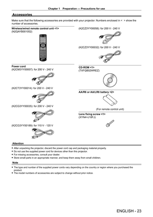 Page 23Chapter 1 Preparation — Precautions for use
ENGLISH - 23
Accessories
Make sure that the following accessories are provided with your projector. Numbers enclosed in <    > show the 
number of accessories.
Wireless/wired remote control unit 
(N2QAYB001052)
Power cord 
(K2CM3YY00007): for 200   V - 240   V
(K2CT3YY00014): for 200 V - 240 V
(K2CG3YY00035): for 200 V - 240 V
(K2CG3YY00189): for 110 V - 120 V
(K2CZ3YY00058): for 200 V - 240 V
(K2CZ3YY00032): for 200 V - 240 V
CD-ROM 
(TXFQB02WREZ)
AA/R6 or...