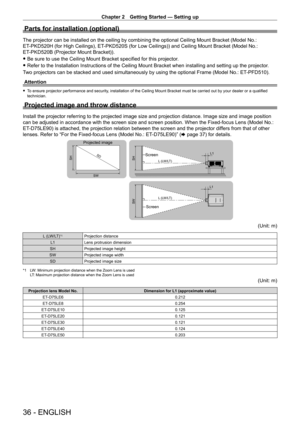 Page 36Chapter 2 Getting Started — Setting up
36 - ENGLISH
Parts for installation (optional)
The projector can be installed on the ceiling by combining the optional Ceiling Mount Bracket (Model No.: 
ET
-
PKD520H (for High Ceilings), ET
-
 PKD520S (for Low Ceilings)) and Ceiling Mount Bracket (Model No.: 
ET
-

PKD520B (Projector Mount Bracket)).
 fBe sure to use the Ceiling Mount Bracket specified for this projector .
 fRefer to the Installation Instructions of the Ceiling Mount Bracket when installing and...