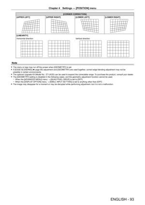 Page 93Chapter 4 Settings — [POSITION] menu
ENGLISH - 93
[CORNER CORRECTION]
[UPPER LEFT]
[UPPER RIGHT][LOWER LEFT][LOWER RIGHT]
[LINEARITY]
Horizontal direction
Vertical direction
Note
 f The menu or logo may run of f the screen when [GEOMETRY] is set. fIf [EDGE BLENDING] ( x
  page   95) adjustment and [GEOMETRY] are used together, correct edge blending adjustment may not be 
possible in certain environments.
 f The optional Upgrade Kit (Model No.: ET-

UK20) can be used to expand the correctable range. To...