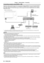 Page 50Chapter 2 Getting Started — Connecting
50 - ENGLISH
Connecting example using DIGITAL LINK
Twisted-pair-cable transmitter based on the communication standard HDBaseTTM such as the optional DIGITAL 
LINK output supported device (Model No.: ET
-

YFB100G, ET
-

YFB200G) uses the twisted pair cable to transmit 
input images, Ethernet, and serial control signal, and the projector can input such digital signal to the  terminal.
Blu-ray disc player HDMI cable
(commercially available)
Control computer*1...