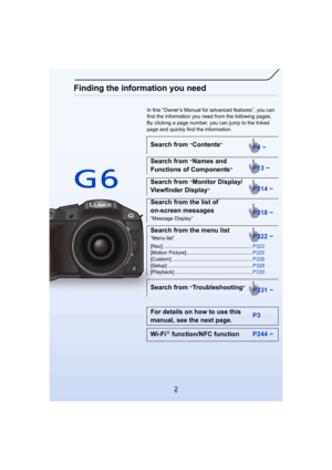 Page 22
Finding the information you need
In this “Owner’s Manual for advanced features”, you can 
find the information you need from the following pages.
By clicking a page number, you can jump to the linked 
page and quickly find the information.
Search from “Contents”
Search from “Names and 
Functions of Components
”
Search from “Monitor Display/
Viewfinder Display
”
Search from the list of 
on-screen messages
“Message Display”
Search from the menu list
“Menu list”
[Rec]...