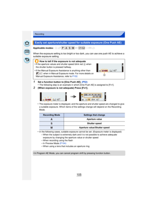 Page 105105
Recording
Applicable modes: 
When the exposure setting is too bright or too dark, you can use one push AE to achieve a 
suitable exposure setting.
•
The exposure meter is displayed, and the aperture and shutter speed are changed to give 
a suitable exposure. Which items of the settings change will depend on the Recording 
Mode.
•In the following cases, suitable exposure cannot be set. (Exposure meter is displayed)
–When the subject is extremely dark and it is not possible to achieve adequate...
