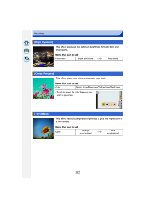 Page 123123
Recording
This effect produces the optimum brightness for both dark and 
bright parts.
This effect gives your photo a dramatic color look.
This effect reduces peripheral brightness to give the impression of 
a toy camera.
[High Dynamic]
Items that can be set
Freshness Black and white Pop colors
[Cross Process]
Items that can be set
ColorGreen tone/Blue tone/Yellow tone/Red tone
•
Touch to select the color balance you 
wish to generate.
[Toy Effect]
Items that can be set
Color Orange 
emphasized Blue...