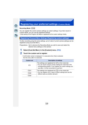 Page 129129
Recording
Registering your preferred settings (Custom Mode)
Recording Mode: 
You can register the current camera settings as custom settings. If you then record in 
Custom Mode, you can use the registered settings.
•
Initial setting of the Program AE Mode is registered as the custom settings initially.
To allow recording using the same settings, up to 4 sets of current camera settings can be 
registered using [Cust.Set Mem.].
1Select [Cust.Set Mem.] in the [Custom] menu. (P43)
2Touch the custom set...