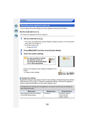 Page 130130
Recording
 You can easily call up the settings you have registered using [Cust.Set Mem.].
Set the mode dial to [ ].
•The custom set registered for [ ] is called up.
1Set the mode dial to [ ].
•The custom set registered for [ ], [ ] or [ ] is called up. The most recently 
used custom set is called up.
•To change a custom set
>To steps 
2 and 3.
2Press [MENU/SET] and then touch [Custom Mode].
3Touch the custom settings.
•Saving of the selected custom settings is displayed on the 
screen.
A Display...