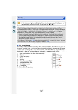 Page 157157
Recording
•The White Balance is only calculated for subjects within the range of the camera’s flash.•The White Balance setting is memorized even if the camera is turned off. (However, the White 
Balance setting for a Scene Mode returns to [AWB] when the Scene Mode is changed.)
•In the Scene Guide Modes listed below, White Balance is fixed to [AWB].–[Backlit Softness]/[Relaxing Tone]/[Distinct Scenery]/[Bright Blue Sky]/[Romantic Sunset 
Glow]/[Vivid Sunset Glow]/[Glistening Water]/[Clear...