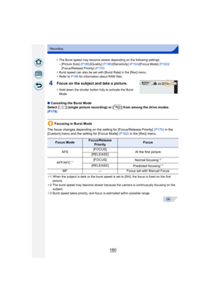 Page 180180
Recording
•The Burst speed may become slower depending on the following settings.
–[Picture Size] (P188)/[Quality] (P189)/[Sensitivity]  (P154)/[Focus Mode]  (P162)/
[Focus/Release Priority]  (P170)
•Burst speed can also be set with [Burst Rate] in the [Rec] menu.
•Refer to P189 for information about RAW files.
4Focus on the subject and take a picture.
•Hold down the shutter button fully to activate the Burst 
Mode.
∫Canceling the Burst Mode
Select  [ ] (single picture recording) or [ ] from among...