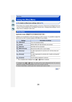 Page 186186
Recording
Using the [Rec] Menu
For details on [Rec] menu settings, refer to P43.
•
[Photo Style], [Focus Mode], [Metering Mode], [i.Dynamic], [i.Resolution] and [Digital Zoom] are 
common to both the [Rec] menu and [Motion Picture] menu. Changing these settings in one of 
these menus is reflected in other menu.
Applicable modes: 
6 effects can be selected to match the image you wish to record. It is possible to adjust the 
items such as color or picture quality of the effect to your desire.
¢ This is...