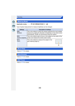 Page 190190
Recording
Applicable modes: 
Type of optical measurement to measure brightness can be changed.
•
Refer to P179 for details.
•Refer to P183 for details.
•Refer to P184 for details.
[Metering Mode]
SettingsDescription of settings
[]
(Multiple) This is the method in which the camera measures the most suitable 
exposure by judging the allocation of brightness on the whole screen 
automatically. Usually, we recommend using this method.
[]
(Center weighted)This is the method used to focus on the subject on...