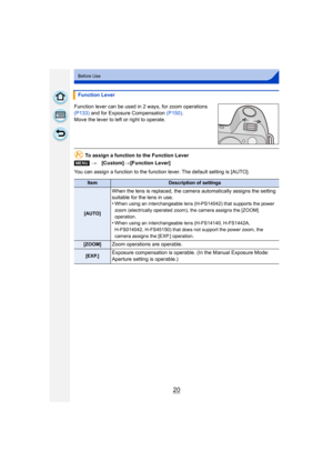 Page 2020
Before Use
Function lever can be used in 2 ways, for zoom operations 
(P133) and for Exposure Compensation  (P150).
Move the lever to left or right to operate.
To assign a function to the Function Lever
You can assign a function to the function lever. The default setting is [AUTO]. Function Lever
[MENU] >[Custom] >[Function Lever]
ItemDescription of settings
[AUTO]
When the lens is replaced, the camera  automatically assigns the setting 
suitable for the lens in use.
•
When using an interchangeable...