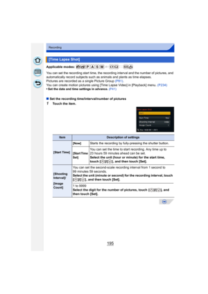 Page 195195
Recording
Applicable modes: 
You can set the recording start time, the recording interval and the number of pictures, and 
automatically record subjects such as animals and plants as time elapses.
Pictures are recorded as a single Picture Group (P81).
You can create motion pictures using [Time Lapse Video] in [Playback] menu.  (P234)
•
Set the date and time settings in advance.  (P41)
∫ Set the recording time/interval/number of pictures
1Touch the item.
[Time Lapse Shot]
ItemDescription of settings...