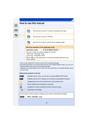 Page 33
How to use this manual
•Click a cross reference in the text to jump to the corresponding page.
•By entering keywords in the search field at the top of the Adobe Reader screen, you can run a 
keyword search and jump to the corresponding page.
•Operations and other details of this manual may vary depending on the Adobe Reader version 
you are using.
∫ About the symbols in the text
Click this icon to jump to “Finding the information you need”.
Click this icon to jump to “Contents”.
Click this icon to...