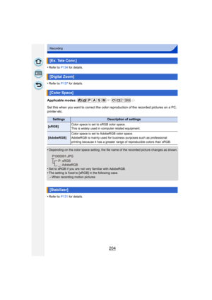 Page 204204
Recording
•Refer to P134 for details.
•Refer to P137 for details.
Applicable modes: 
Set this when you want to correct the color reproduction of the recorded pictures on a PC, 
printer etc.
•
Depending on the color space setting, the file name of the recorded picture changes as shown.
•Set to sRGB if you are not very familiar with AdobeRGB.•The setting is fixed to [sRGB] in the following case.
–When recording motion pictures
•Refer to P131 for details.
[Ex. Tele Conv.]
[Digital Zoom]
[Color Space]...