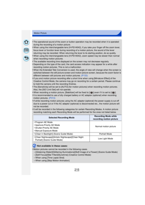 Page 215215
Motion Picture
•The operational sound of the zoom or button operation may be recorded when it is operated 
during the recording of a motion picture.
•When using the interchangeable lens (H-PS14042), if you take your finger off the zoom lever, 
focus lever or function lever during recording of a motion picture, the sound of the lever 
returning may be recorded. When returning the lever to its starting position, do so quietly.
•When using the interchangeable lens (H-PS14042), zoom speed may be slower...