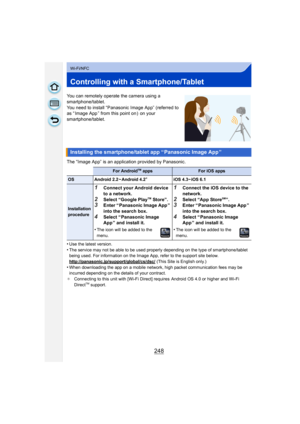 Page 248248
Wi-Fi/NFC
Controlling with a Smartphone/Tablet
You can remotely operate the camera using a 
smartphone/tablet.
You need to install “Panasonic Image App” (referred to 
as “ Image App ” from this point on )  on your 
smartphone/tablet.
The “Image App” is an application provided by Panasonic.
•
Use the latest version.•The service may not be able to be used properly depending on the type of smartphone/tablet 
being used. For information on the Image App, refer to the support site below....