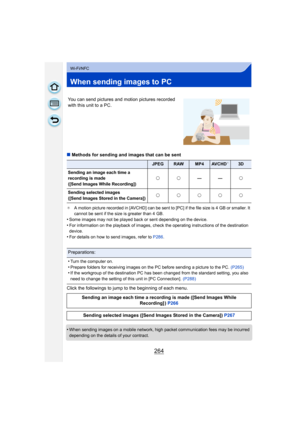 Page 264264
Wi-Fi/NFC
When sending images to PC
∫Methods for sending and images that can be sent
¢ A motion picture recorded in [AVCHD] can be sent to [PC] if the file size is 4 GB or smaller. It 
cannot be sent if the size is greater than 4 GB.
•Some images may not be played back or sent depending on the device.•For information on the playback of images, check the operating instructions of the destination 
device.
•For details on how to send images, refer to  P286.
Click the followings to jump to the beginning...