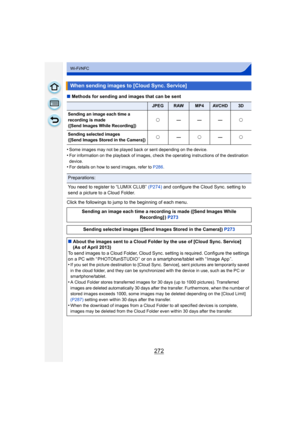 Page 272272
Wi-Fi/NFC
∫Methods for sending and images that can be sent
•
Some images may not be played back or sent depending on the device.•For information on the playback of images, check the operating instructions of the destination 
device.
•For details on how to send images, refer to  P286.
Click the followings to jump to the beginning of each menu.
When sending images to [Cloud Sync. Service]
JPEGRAWMP4AV C H D3D
Sending an image each time a 
recording is made
([Send Images While Recording]) ±
——— ±...