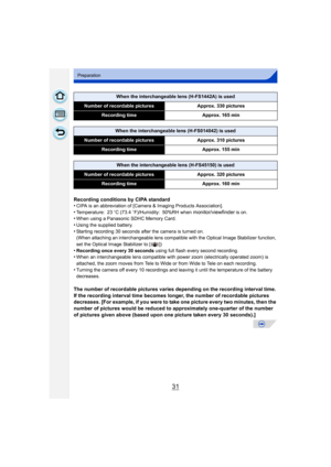 Page 3131
Preparation
Recording conditions by CIPA standard
•CIPA is an abbreviation of [Camera & Imaging Products Association].
•Temperature: 23oC (73.4  oF)/Humidity: 50%RH when monitor/viewfinder is on.•When using a Panasonic SDHC Memory Card.•Using the supplied battery.
•Starting recording 30 seconds after the camera is turned on.
(When attaching an interchangeable lens compatib le with the Optical Image Stabilizer function, 
set the Optical Image Stabilizer to [ ])
•Recording once every 30 seconds  using...