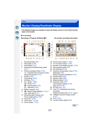 Page 314314
Others
Monitor Display/Viewfinder Display
•The following images are examples of when the display screen is set to [ ] (monitor 
style) in the monitor.
∫In recording
Recording in Program AE Mode [ ] On-monitor recording information
1 Recording Mode (P87)
2 Photo Style  (P186)
3 Flash Mode  (P141)
4 Recording format/Recording quality  (P211)
5 Picture size/Aspect Ratio (P188) : Extended Tele Conversion (when 
taking still pictures)  (P134)
6 Quality  (P189)
7 Focus Mode  (P162)
8AF Mode  (P161)
9 :...