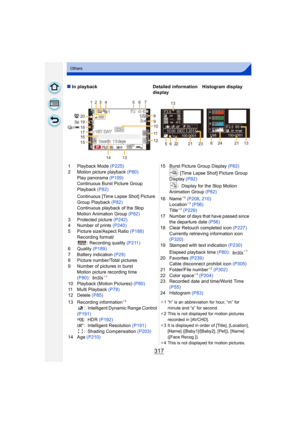 Page 317317
Others
∫In playback Detailed information 
display Histogram display
1 Playback Mode (P225)
2 Motion picture playback  (P80)
Play panorama (P109)
Continuous Burst Picture Group 
Playback  (P82)
Continuous [Time Lapse Shot] Picture 
Group Playback  (P82)
Continuous playback of the Stop 
Motion Animation Group  (P82)
3 Protected picture  (P242)
4 Number of prints  (P240)
5 Picture size/Aspect Ratio (P188) Recording format/ : Recording quality  (P211)
6 Quality  (P189)
7 Battery indication  (P29)
8...