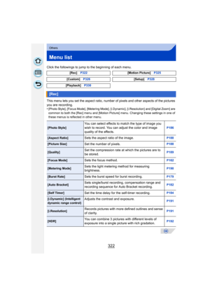 Page 322322
Others
Menu list
Click the followings to jump to the beginning of each menu.
This menu lets you set the aspect ratio, number of pixels and other aspects of the pictures 
you are recording.
•
[Photo Style], [Focus Mode], [Metering Mode], [i.Dynamic], [i.Resolution] and [Digital Zoom] are 
common to both the [Rec] menu and [Motion Picture] menu. Changing these settings in one of 
these menus is reflected in other menu. [Rec]
P322 [Motion Picture]P325
[Custom] P326 [Setup]P328
[Playback] P330
[Rec]...