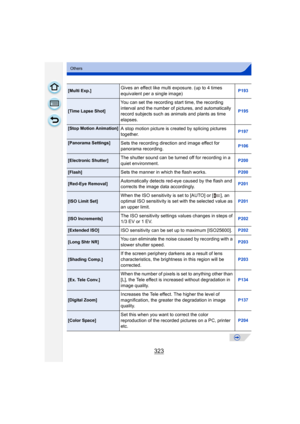 Page 323323
Others
[Multi Exp.]Gives an effect like multi exposure. (up to 4 times 
equivalent per a single image)P193
[Time Lapse Shot]
You can set the recording start time, the recording 
interval and the number of pictures, and automatically 
record subjects such as animals and plants as time 
elapses.
P195
[Stop Motion Animation]A stop motion picture is created by splicing pictures 
together.P197
[Panorama Settings]Sets the recording direction and image effect for 
panorama recording.P106
[Electronic...