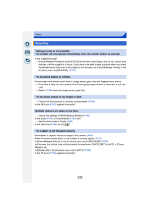 Page 332332
Others
•Is the subject focused?> [Focus/Release Priority] is set to [FOCUS] at the time of purchase, and so you cannot take 
pictures until the subject is in focus. If you w ant to be able to take a picture when you press 
the shutter button fully even if the subject is not focused, set [Focus/Release Priority] in the 
[Custom] menu to [RELEASE].  (P170)
•Picture might look whitish when lens or image sensor gets dirty with fingerprints or similar.
> If the lens is dirty turn the camera off and then...
