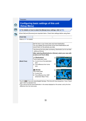 Page 5555
Preparation
Configuring basic settings of this unit 
(Setup Menu)
For details on how to select the [Setup] menu settings, refer to P43.
[Clock Set] and [Economy] are important items. Check their settings before using them.
•
Refer to P41  for details.
•Touch [ ] if you are using Day light Savings. (The time will move forward by 1 hour.) Touch 
again return to standard time.
•If you cannot find the travel destination in the areas displayed on the screen, set by the time 
difference from the home area....