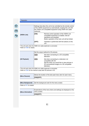 Page 6161
Preparation
•This will work when the HDMI mini cable (optional) is connected.•Refer to P296 for details.
•This will work when the HDMI mini cable (optional) is connected.
•Refer to P292 for the method to play back 3D pictures in 3D.
•Refer to P47 for details.
[VIERA Link]
Settings that allow this unit to be controlled by the remote control 
of the VIERA equipment by automatically coupling this unit with 
the VIERA Link compatible equipment using HDMI mini cable 
(optional).
[ON]: Remote control...