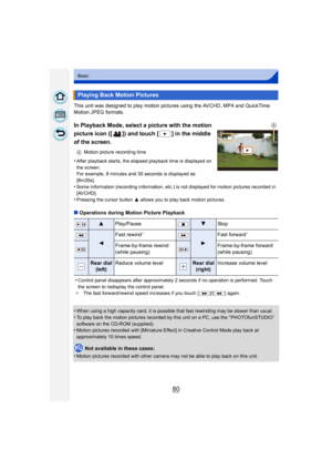 Page 8080
Basic
This unit was designed to play motion pictures using the AVCHD, MP4 and QuickTime 
Motion JPEG formats.
In Playback Mode, select a picture with the motion 
picture icon ([ ]) and touch [ ] in the middle 
of the screen.
A Motion picture recording time
•After playback starts, the elapsed playback time is displayed on 
the screen.
For example, 8 minutes and 30 seconds is displayed as 
[8m30s].
•Some information (recording information, etc.) is not displayed for motion pictures recorded in...