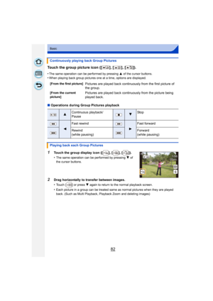 Page 8282
Basic
Touch the group picture icon ([ ], [ ], [ ]).
•The same operation can be performed by pressing 3 of the cursor buttons.•When playing back group pictures one at a time, options are displayed.
∫ Operations during Group Pictures playback
1Touch the group display icon ([ ], [ ], [ ]).
•
The same operation can be performed by pressing  4 of 
the cursor buttons.
2Drag horizontally to transfer between images.
•
Touch [ ] or press  4 again to return to the normal playback screen.
•Each picture in a...