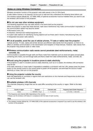 Page 15Chapter 1 Preparation —
 Precautions for use
ENGLISH - 15
Notes on Using Wireless Connection
Wireless connection function of the projector uses radio waves in the 2.\
4 GHz band.
A radio station license is not required, but be sure to read and fully un\
derstand the following items before use.
The wireless module (Model No.: ET-WML100E) of optional accessories must be installed when you want to use 
the wireless LAN function of this projector.
 rDo not use near other wireless equipment.
The following...