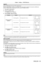 Page 59Chapter 4 Settings —
  [POSITION] menu
ENGLISH - 59
[SHIFT]
(Only for RGB signals and YCBCR/YPBPR signals input)
Move the image position vertically or horizontally if the image position\
 projected on the screen is shifted even 
when the relative position of the projector and the screen is installed \
correctly.
1) Press as to select [SHIFT].
2) Press the  button.
 
f The [SHIFT] screen is displayed.
3) Press asqw to adjust the position.
OrientationOperationAdjustment
Vertical (up and down) adjustment...