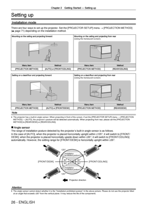 Page 26Chapter 2 Getting Started —
 Setting up
26 - ENGLISH
Setting up
Installation mode
There are four ways to set up the projector. Set the [PROJECTOR SETUP] menu 
→ [PROJECTION METHOD] 
( x  page 71) depending on the installation method.
Mounting on the ceiling and projecting forwardMounting on the ceiling and projecting from rear(Using the translucent screen)
Menu itemMethodMenu itemMethod
[PROJECTION METHOD][AUTO] or [FRONT/CEILING][PROJECTION METHOD][REAR/CEILING]
Setting on a desk/ﬂoor and projecting...