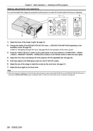 Page 38Chapter 3 Basic Operations —
 Switching on/off the projector
38 - ENGLISH
Making adjustments and selections
It is recommended that images be projected continuously for at least 30 \
minutes before the focus is adjusted.
5)
3)
4) 6)
1) 7)
1) Adjust the focus of the image roughly. (x page 41)
2) Change the setting of the [PROJECTOR SETUP] menu → [PROJECTION METHOD] depending on the 
installation mode. (x page 26)
 
f Refer to 
“
Navigating through the menu ”
 (
x  page 48) for the operation of the menu...