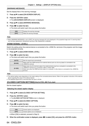 Page 64Chapter 4 Settings —
 [DISPLAY OPTION] menu
64 - ENGLISH
[WARNING MESSAGE]
Set the display/hide of the warning message.
1) Press as to select [ON-SCREEN DISPLAY].
2) Press the  button.
 
f The [ON-SCREEN DISPLAY] screen is displayed.
3) Press as to select [WARNING MESSAGE]. 
4) Press qw to switch the item.
 
f The items will switch each time you press the button.
[ON]Displays the warning message.
[OFF]Hides the warning message.
Note
 
f When [WARNING MESSAGE] is set to [OFF], the warning message will not...