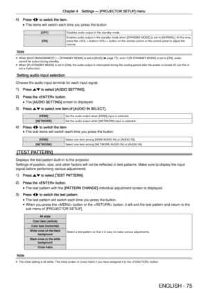 Page 75Chapter 4 Settings —
 [PROJECTOR SETUP] menu
ENGLISH - 75
4) Press qw to switch the item.
 
f The items will switch each time you press the button.
[OFF]Disables audio output in the standby mode.
[ON]Enables audio output in the standby mode when [STANDBY MODE] is set to [NORMAL]. At this time, 
press the  button/ button on the remote control or the contr\
ol panel to adjust the 
volume.
Note
 
f When [ECO MANAGEMENT] 
→
 [ST ANDBY MODE] is set to [ECO] (
x page 73), even if [IN STANDBY MODE] is set to...