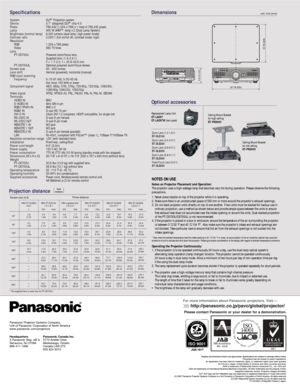 Page 6Projection distanceSpecifications Dimensions
System
Device
Pixels
Lamp
Brightness (normal lamp)
Contrast ratio
Resolution  
    RGB
    Video
Lens
    PT-D5700U
    PT-D5700UL
Screen size
Lens shift
RGB input scanning
    frequency
Component signal
Video signal
Terminals  
    VIDEO IN
    S-VIDEO IN
    RGB1/YP
BPR IN
    RGB2 IN
    DVI-D IN
    RS-232C IN
    RS-232C OUT
    REMOTE 1 IN
    REMOTE 1 OUT
    REMOTE 2 IN
    LAN 
Keystone correction range
Installation 
Power cord length
Power supply...