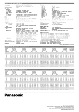 Page 2Weights and dimensions shown are approximate.
Appearance and specifications are subject to change without notice.
This product may be subject to export control regulations. UHM is a trademark of Matsushita Electric Industrial Co.,
Ltd. VGA and XGA are trademarks of International Business Machines Corporation.
DLP and the DLP logo are trademarks of Texas Instruments.
All other trademarks are the property of their respective trademark owners. Projection images simulated.
PT-DW10000-06SEP10K Printed in...