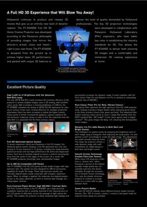 Page 3High  2,400  lm  of  Brightness  with  the  Advanced   
Red-Rich  Lamp 
The  new  220  W  Red-Rich  Lamp  increases  the  luminous  efﬁciency  of  the 
projector  to  achieve  brighter  images,  even  in  3D  viewing,  with  excellent 
colour  purity.  Able  to  produce  a  stunning  brightness  of  2,400  lm,  the 
PT-AT6000E  unleashes  the  beauty  of  2D/3D  full-HD  expression  for  view-
ing  on  various  screen  sizes.  Cooling  efﬁciency  for  example  around  the 
polarisation  ﬁlters  has  been...