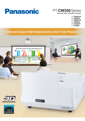 Page 1Enhanced Lineup of High-brightness Ultra-short Throw Projectors
PT-CW330 Series
PT-CW331R
PT-CW330
PT-CW241R
PT-CW240
PT-CX301R
PT-CX300
Ultra-short Throw 1-Chip DLP™ Projectors 