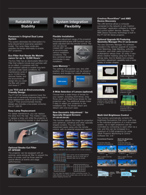 Page 4System Integration 
Flexibility
Reliability and 
Stability
A Wide Selection of Lenses (optional)
Choose  from  a  wide  lineup  of  lenses  for your  system,  including  short-throw,  long-throw  zoom  and  ﬁxed-throw  lenses  for  rear projection  use.  The  additional  lenses  make it  easy  to  adapt  your  projector  to  the installation  site.  The  lenses  attach  and detach  with  one-touch  ease.
Lens Memory*10
The  settings  of  projection  size,  lens  shiftposition,  and  focus/zoom  can  be...