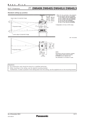 Page 6SPECFILE
PT-DW640K/DW640S/DW640LK/DW640LSDLP™Projectors
As of November 2012
SFD12M015
6/17
Standard setting-up position
Caution:
 All construction work should be done by a qualified technician.
 When mounting to the ceiling, use the special mounting bracket. 
Furthermore, in order to prevent it from falling down from the ceiling, use the supplied wire on the mounting bracket.
255
(10-1/32) 168 
(6-5/8) A*1
*2
L
L
L
340–420
(13-3/8–
16-17/32)
416–496
(16-3/8–
19-17/32) 100
(3-15/16)
344
(13-17/32)
100...