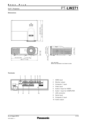 Page 4SPECFILE
DLP™Projector
4/12
PT-LW271
As of August 2013
SFD13M011-1
Dimensions
Terminals
1 HDMI input
2 Monitor output
3 Computer 1 input
4 Video input
5 Audio 2 input for VIDEO
6 Audio 1 input for COMPUTER
7 LAN connector
8 Serial input
9 Computer 2 input
10 Audio output
unit : mm (inch)
NOTE: This illustration is not drawn to scale.
COMPUTER 1 IN
COMPUTER 2 INVIDEO IN
SERIAL IN
MONITOR OUT
LAN INAUDIO 1 INAUDIO 2 IN
VARIABLE
AUDIO OUT
288 (11-11/32) 73 (2-7/8)
144 (5-21/32)
220 (8-21/32)
231236...